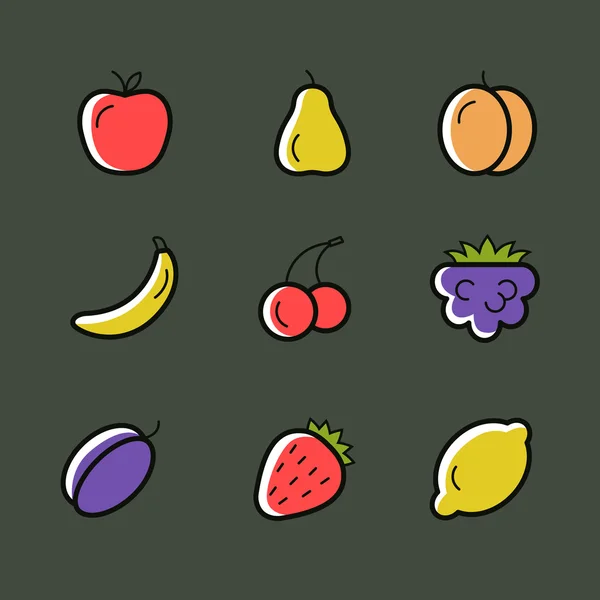 Conjunto de iconos de línea vectorial de frutas sobre un fondo oscuro — Vector de stock