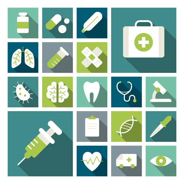 Set of cute vector medical flat icons with long shadows on blue and green backgrounds — Stock Vector