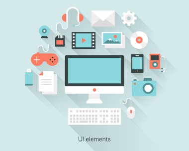 İçerik kavramı monitör klavye, belgeler ve düz tasarım tarzında aygıtlar. 
