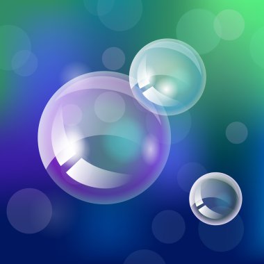 Mavi-yeşil arka plan üzerinde şirin şeffaf sabun köpüğü. Vektör çizim