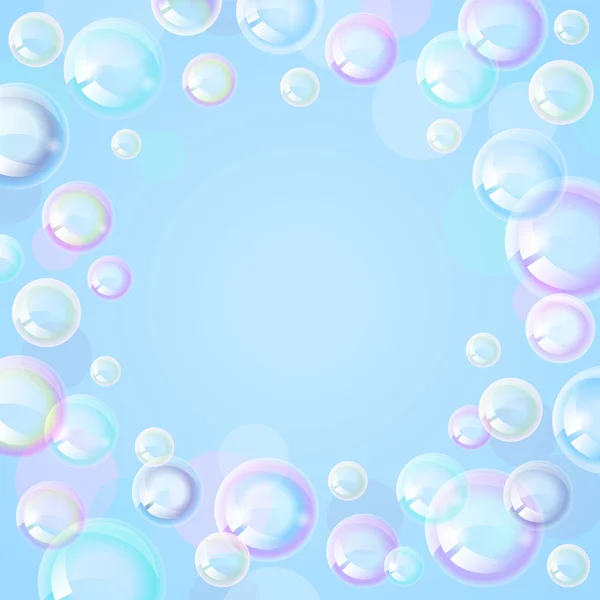 Carino bolle di sapone trasparenti su uno sfondo azzurro. Illustrazione vettoriale — Vettoriale Stock