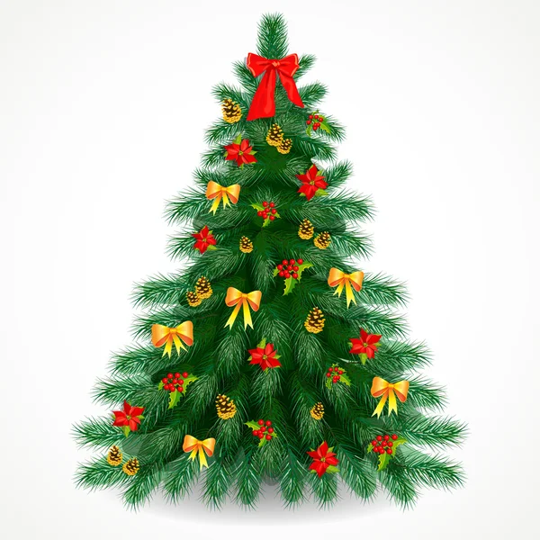 Kerstboom met holly, poinsettia, denneappels en bogen — Stockvector