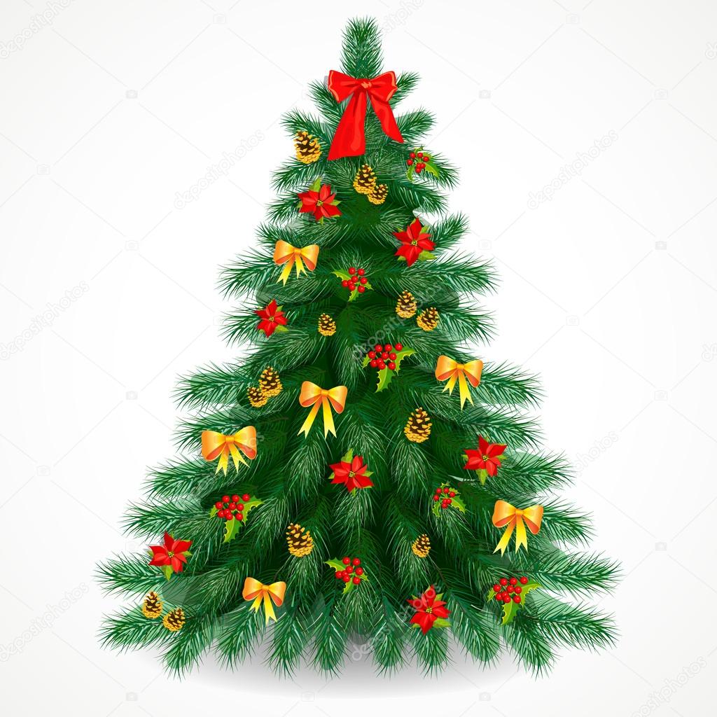 Christmas tree with holly, poinsettia, pine cones and bows