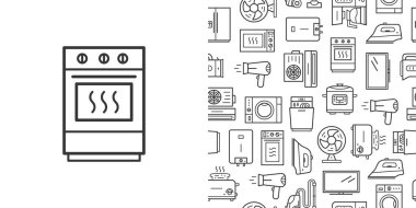 Ev aletleri ile fırın ikonu ve vektör kusursuz desen. Beyaz arkaplanda satır biçimi işaretleri izole