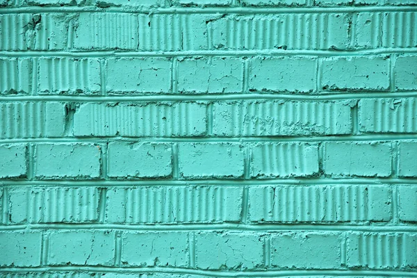 Фрагмент Цегляної Стіни Пофарбованої Бірюзовою Фарбою Справжніми Тріщинами Ятинками — стокове фото