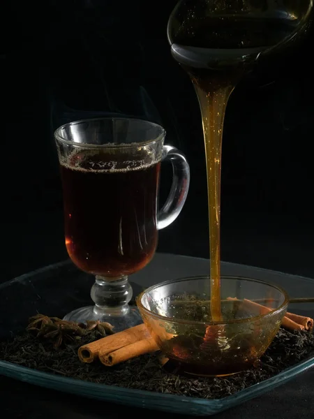 Festive Hot Tea Golden Honey Star Anise Cinnamon — Stock Photo, Image