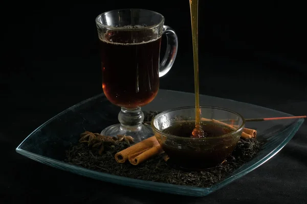 Festive Hot Tea Golden Honey Star Anise Cinnamon — Stock Photo, Image