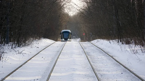 Biały Tramwaj Zimowym Parku Sokolniki Moskwie — Zdjęcie stockowe