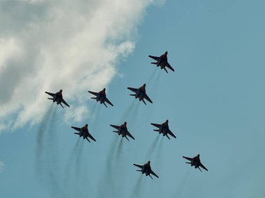 Zhukovsky, Moscow region, Russia - 24.07.2021: Performance of aerobatic teams at MAKS clipart