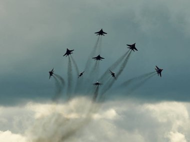 Zhukovsky, Moscow region, Russia - 24.07.2021: Performance of aerobatic teams at MAKS clipart