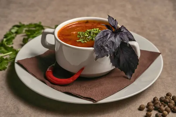 Харчовий Суп Прикрашений Базиліком — стокове фото