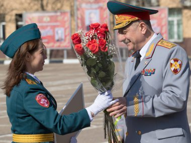 Moskova, Rusya - 20.04.2018: Moskova 'daki Rosgvardia yönetim destek alayının 100. yıldönümünü kutlamak