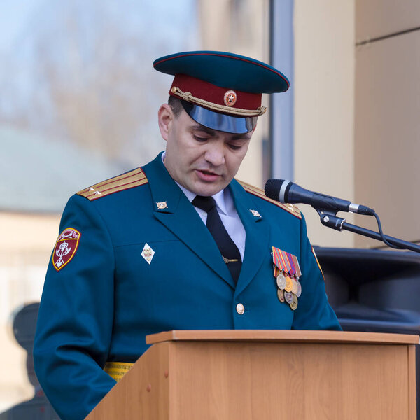 Moscow, Russia - 20.04.2018: Celebrating the 100th anniversary of the Rosgvardia management support regiment in Moscow