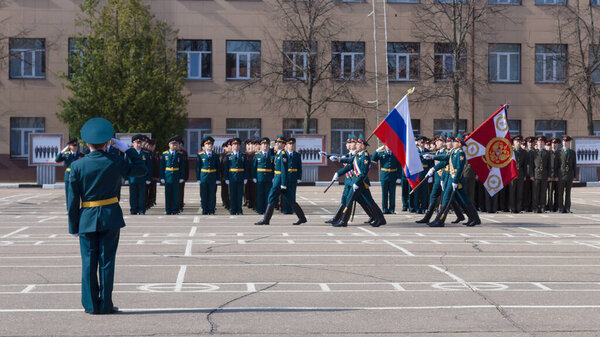 Moscow, Russia - 20.04.2018: Celebrating the 100th anniversary of the Rosgvardia management support regiment in Moscow