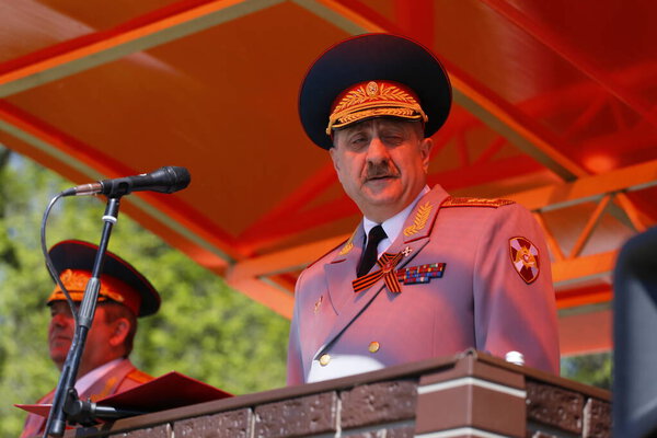 Moscow, Russia - 07.05.2018: The command of the Central District of the Russian Guard congratulated the veterans of the Great Patriotic War before the anniversary of the Victory.