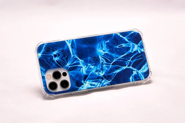 Modern Smartphone Blue Case Light Background — Stock Photo, Image