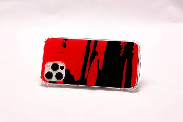 Modern Smartphone Red Case Light Background — Stock Photo, Image