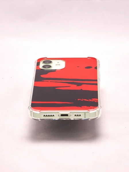 Modern Smartphone Red Case Light Background — Stock Photo, Image