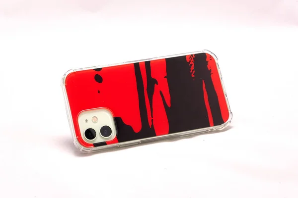 Modern Smartphone Red Case Light Background — Stock Photo, Image