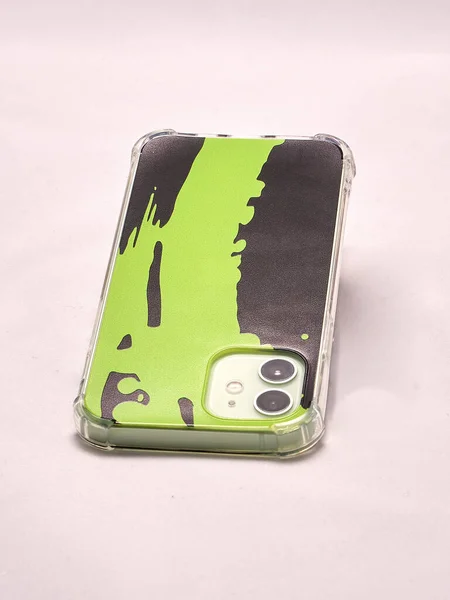 Modern Smartphone Green Case Light Background — Stock Photo, Image