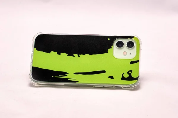 Modern Smartphone Green Case Light Background — Stock Photo, Image