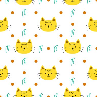 Sarı kedi suratlı çizgi film karikatür ambalajı ve duvar kağıdı için kusursuz desen arkaplanı