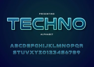 Tekno fütüristik yazı tipi özel alfabe. Tipografi teknolojisi elektronik dijital oyun müziği geleceğin yaratıcı yazı tipi.