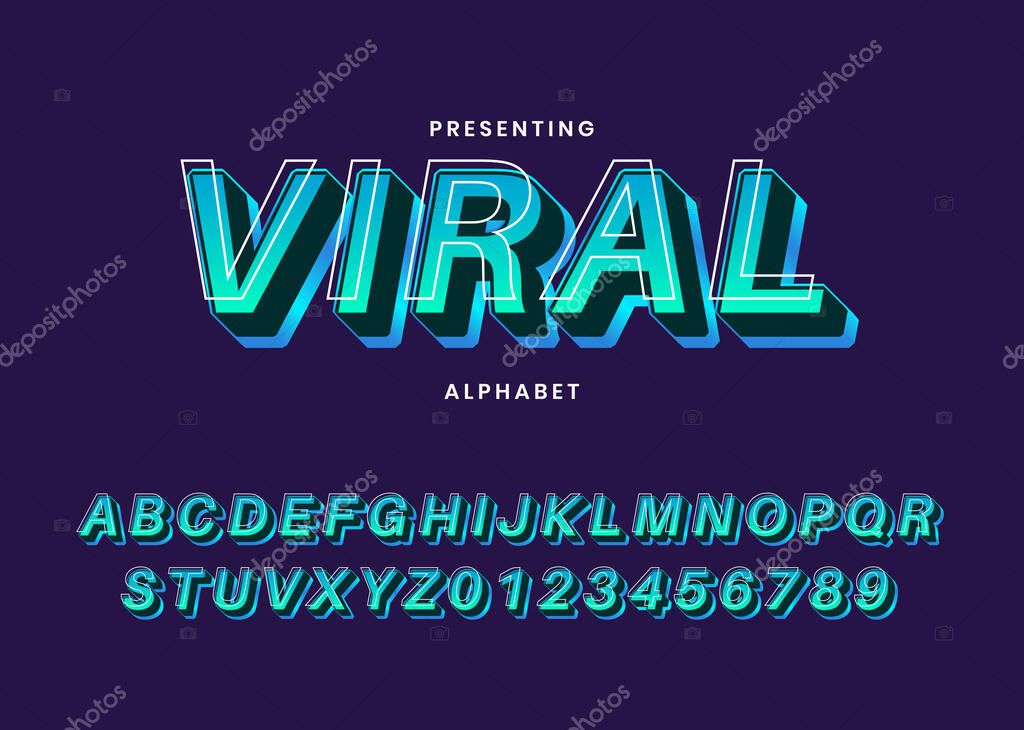 Viral 3d bold and vibrant gradient font alphabet. Modern trendy typeface.