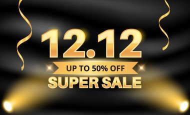 3D gerçekçi kumaş dokusunda altın elementli 12.12 satış afişi şablonu. Sosyal medya afişi şablonu, kupon, indirim, sezon indirimi