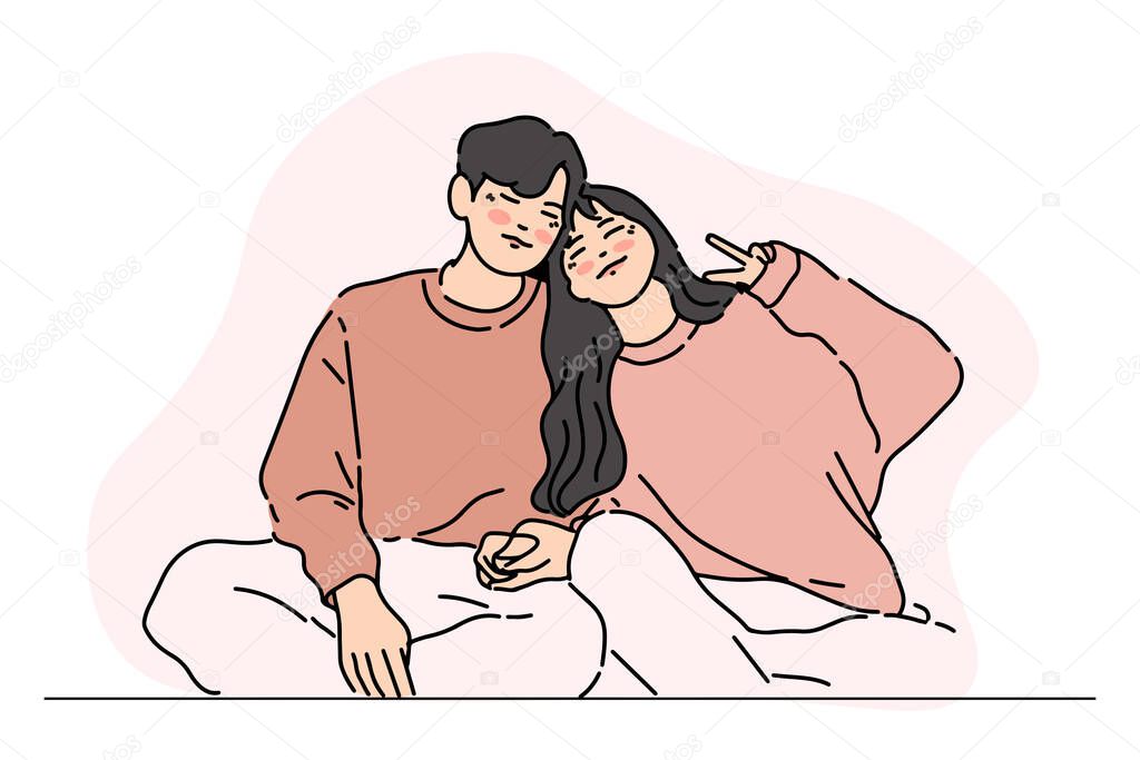 girl posing peace sign while leaning on her boyfriend's shoulder. Cute portrait of young couple spending time together. Hand-drawn style vector illustration