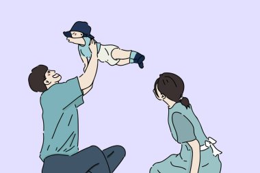 Mutlu Aile Resimlerinin Portresi. Baba bebeğini havada tutuyor ve anne onlara bakıyor. Aile hedefleri illüstrasyonu