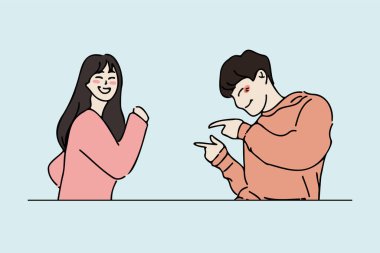 Adam parmağını gösterip kız arkadaşına sevimli poz veriyor. Birbirine aşık çiftlerin şirin pozları. El çizimi biçim tasarımı çizimleri.