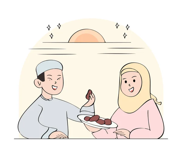 Gaya Ilustrasi Keluarga Muslim Yang Datar Menikmati Hidangan Iftar Mereka - Stok Vektor