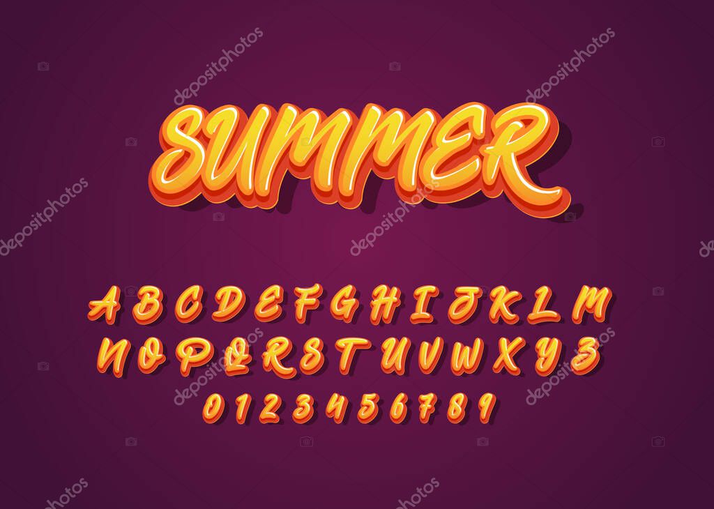 Summer vibes font style text effect, set of alphabet and number for poster headline