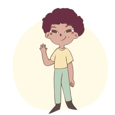 Sevimli küçük çocuk gülümsüyor ve merhaba demek için elini kaldırıyor. El çizimi biçim vektör illüstrasyonu