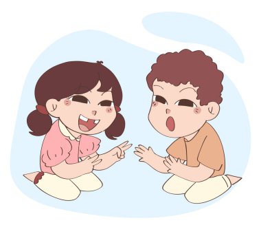 İki tatlı çocuk oğlan ve kız birlikte oynuyorlar. Çocukluk konsepti el çizimi vektör çizimi