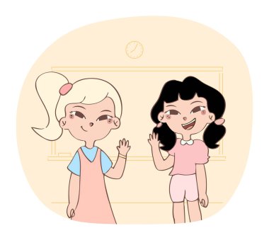 İki küçük kız gülümseyip el ele tutuşuyorlar. Eğitim kavramının el çizimi vektör illüstrasyonu.