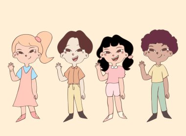 Sevimli çocuklar ellerini kaldırıp gülümsüyor. El çizimi vektör illüstrasyonu