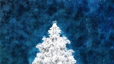 Ormanda suluboya Noel ağacı. Geceleri ormanda Noel ağacı, kar yağışı. Noel konsepti, mutlu yıllar, kartpostal