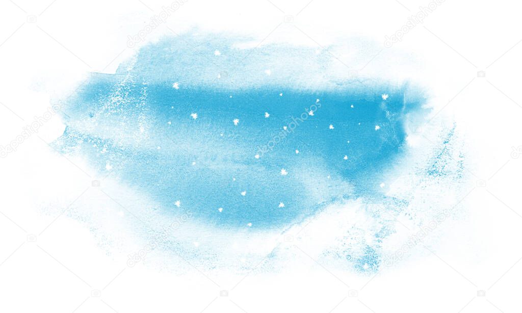 Watercolor illustration of winter sky and snow. Concept of Christmas, winter, snowfall. Background for design, postcard, banner, template. Isolated