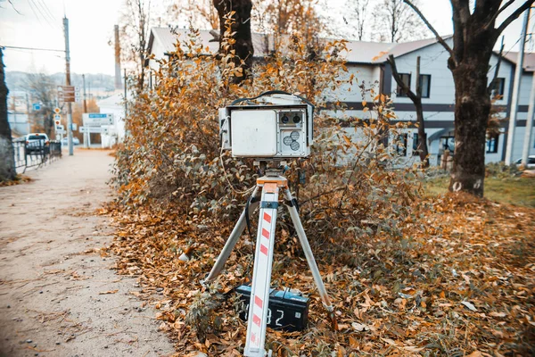 Laser radar measuring vehicle speed. Traffic police camera of photo and video fixation on a tripod. 10.27.2020 Smolensk. Russia