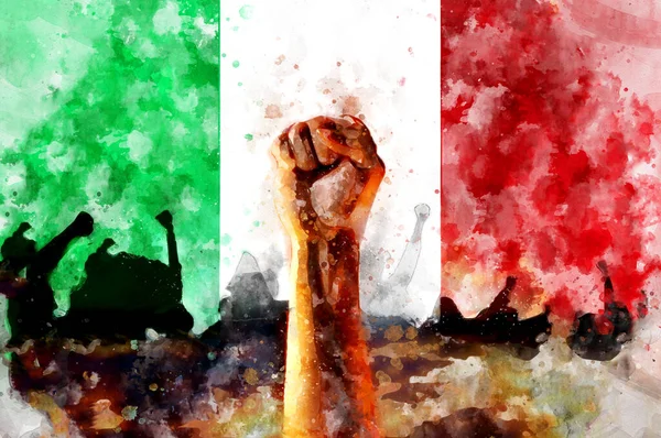 Knytnäve Upp Italien Flagga Bakgrund Akvarell Protesttecken Kamp För Rättigheter — Stockfoto