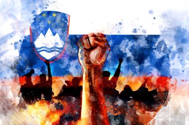 Yumruk havada, Slovenya bayrağı arka planda. Suluboya. Protesto işareti, hak ve özgürlük mücadelesi, miting, çatışma, sokaklarda kargaşa.
