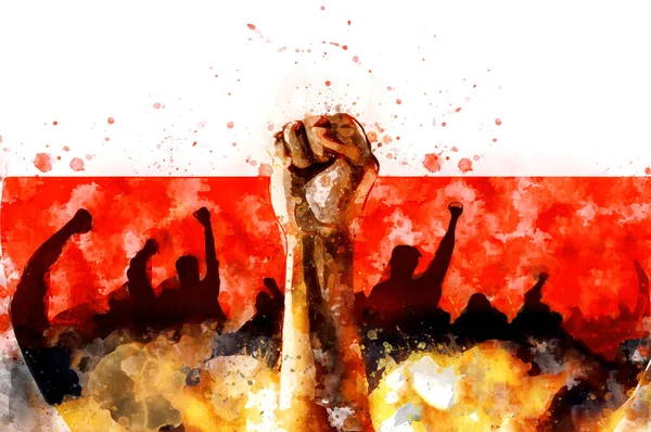 Кулак Поднят Фон Флага Польши Акварель Знак Протеста Борьба Права — стоковое фото