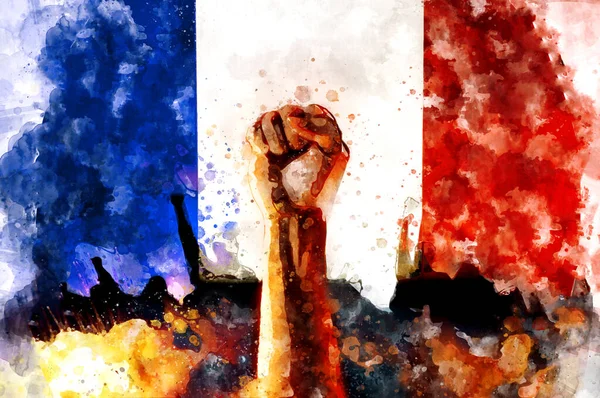 浮出水面 法国国旗背景 水彩画抗议的迹象 争取权利和自由的斗争 街头骚乱 — 图库照片