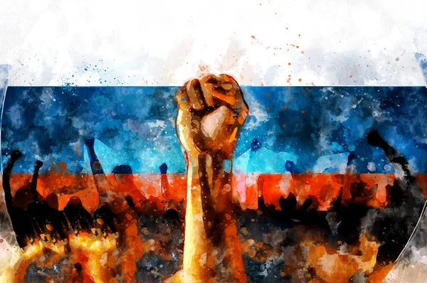 Fist raised up, Russia flag background. Watercolor. Sign of protest, a fight for rights and freedom, rally, conflict, disorder in the streets.