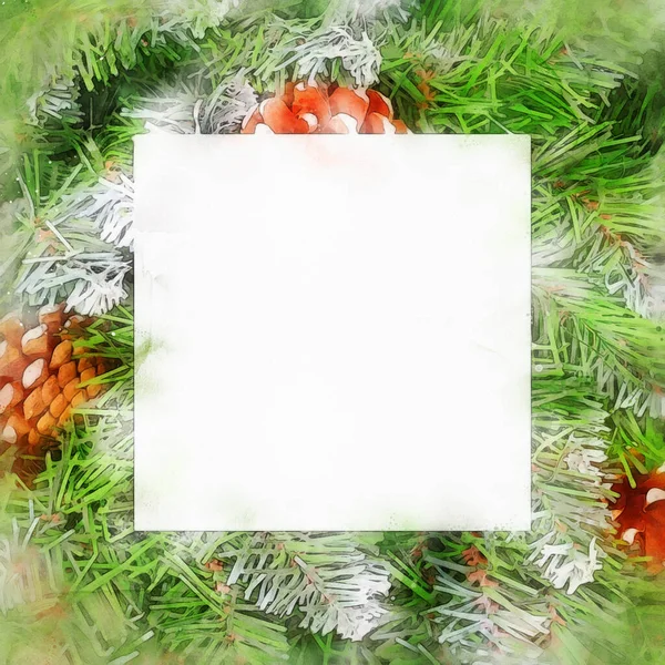 Aquarel Kerst Lay Out Van Dennen Takken Kegels Met Papieren — Stockfoto