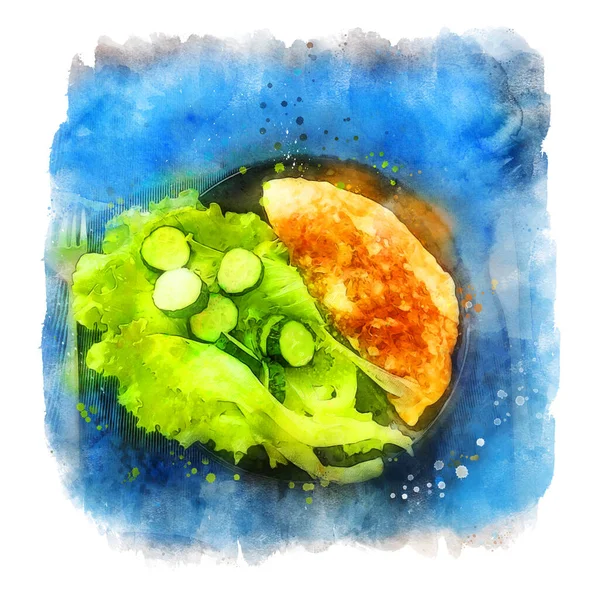 Petit Déjeuner Sur Une Assiette Aquarelle Vue Sur Dessus Œufs — Photo