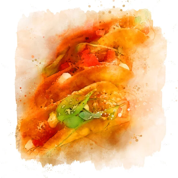 Mexican Tacos Watercolor Isolated White Background Square Framing Splashes Abstraction — Stock Photo, Image