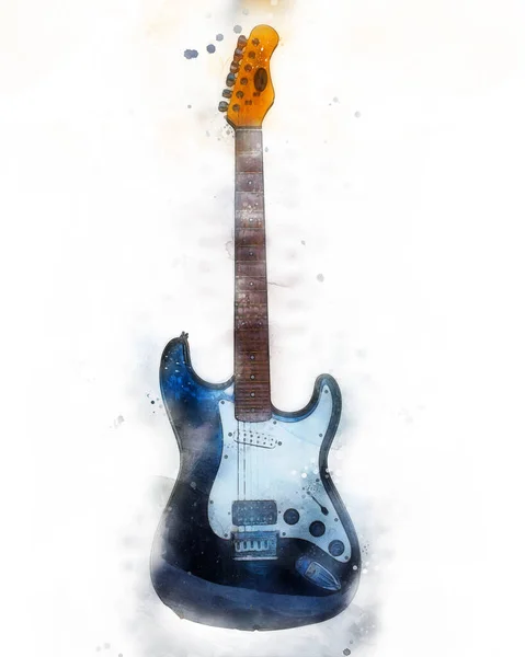 Beyaz arka planda elektro gitar suluboya. Gitar dersleri konsepti, müzik mağazası tabelası, poster